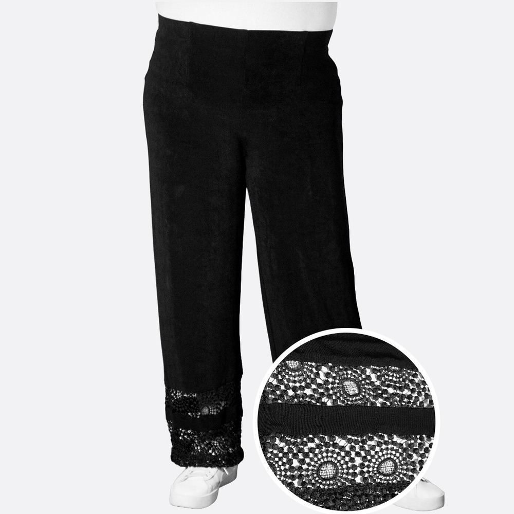 Chico's Guipure Lace Hem M L 10 12 Black Slinky Knit Wide Leg Pants Travel Boho